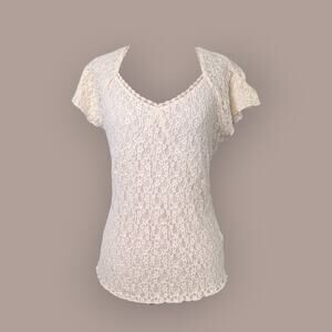 Cream Y2K lace illusion v-neck top shirt slim fit size large